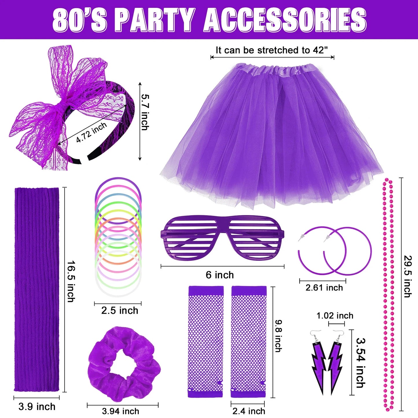 80S Costumes for Women Fancy Outfit Accessories Set with Fishnet Gloves Leg Warmers Tutu Skirts for Theme Party
