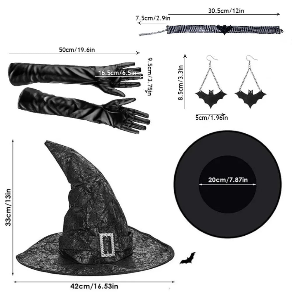 Halloween Witch Set Halloween Women Adult Wizard Costume Cosplay Accessory with Necklaces, Earrings, Gloves