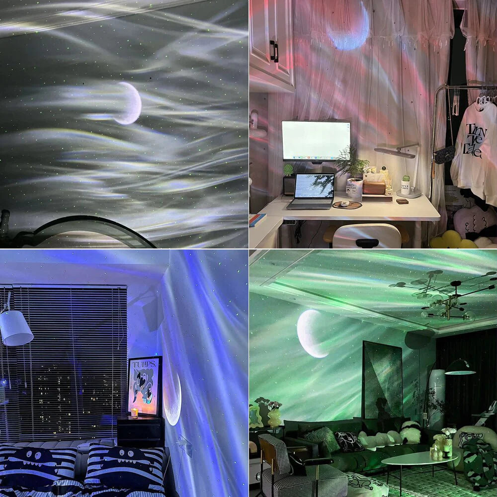 LED Aurora Borealis Moon and Galaxy Night Light Projector with Bluetooth Music and Laser Star Nebula Projection for Bedroom Atmosphere Enhancement