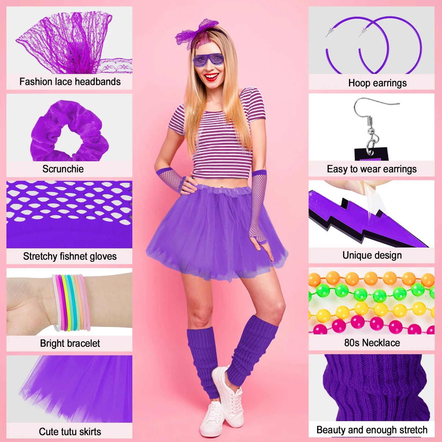 80S Costumes for Women Fancy Outfit Accessories Set with Fishnet Gloves Leg Warmers Tutu Skirts for Theme Party