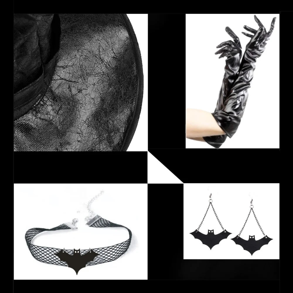 Halloween Witch Set Halloween Women Adult Wizard Costume Cosplay Accessory with Necklaces, Earrings, Gloves