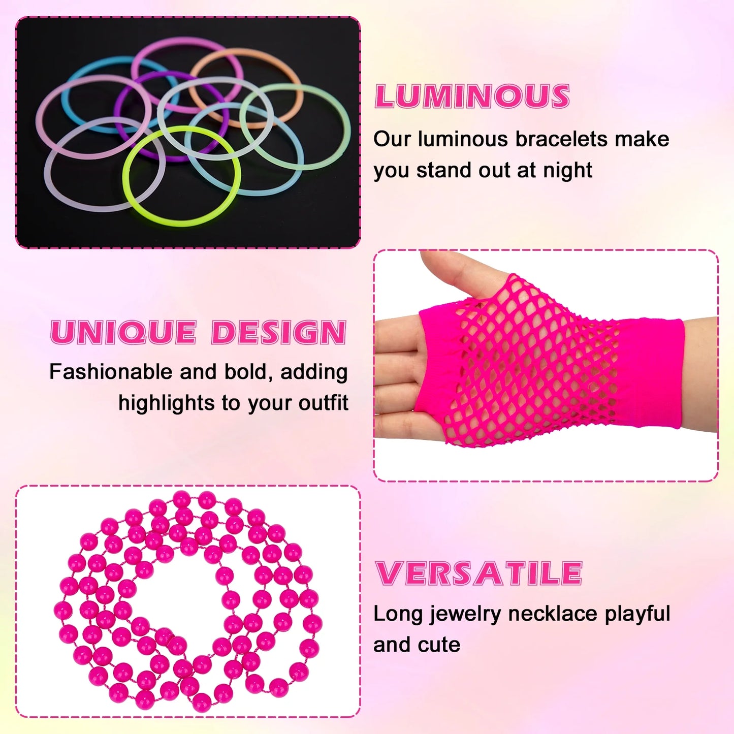 80S Costumes for Women Outfit Accessories Set with Fishnet Gloves Leg Warmers Bags Tutu Skirts for Theme Party