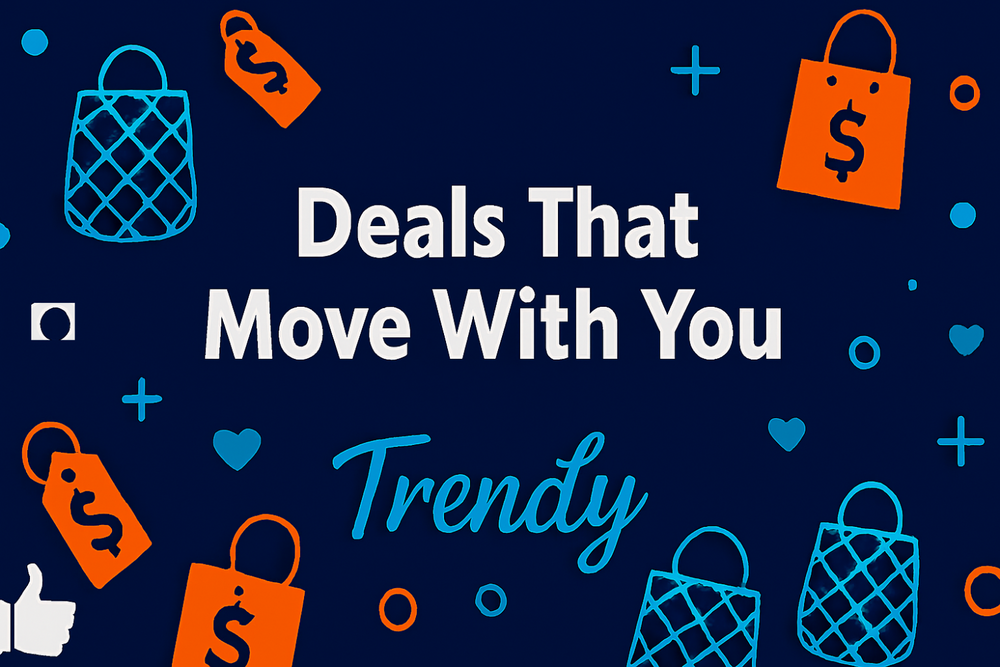 Promotional graphic with shopping bag icons and text 'Deals That Move With You' on a dark blue background.