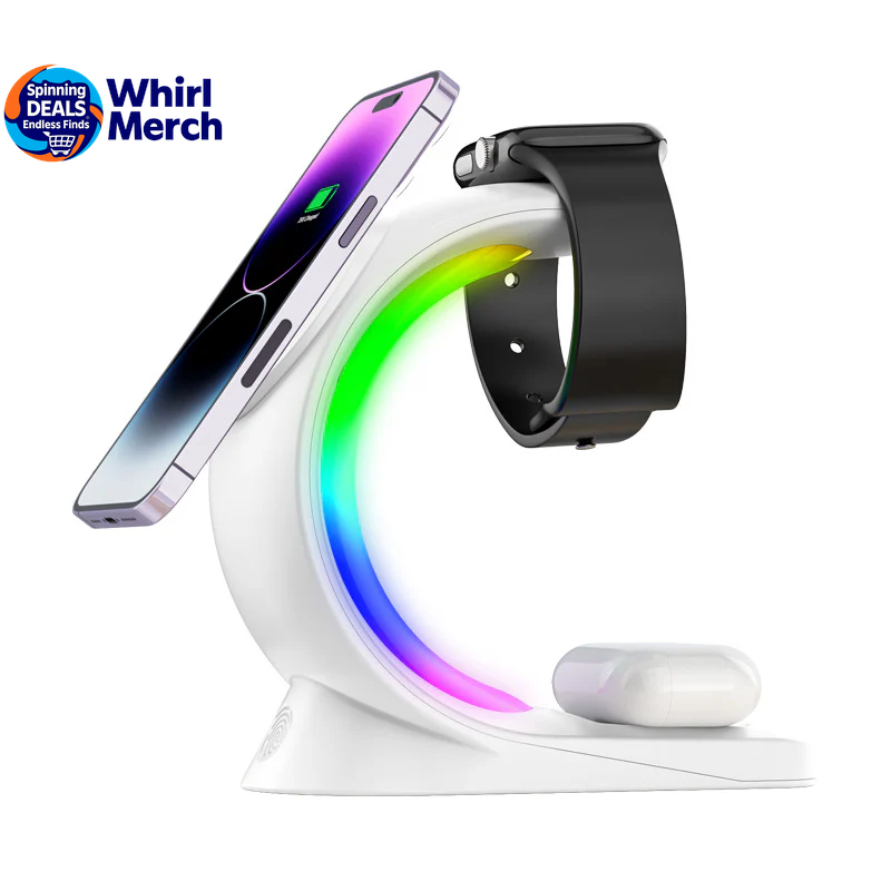 4-in-1 Magnetic Wireless Charger with Fast Charging for Smartphones, AirPods Pro, and Apple Watch with Ambient Lighting Charging Station
