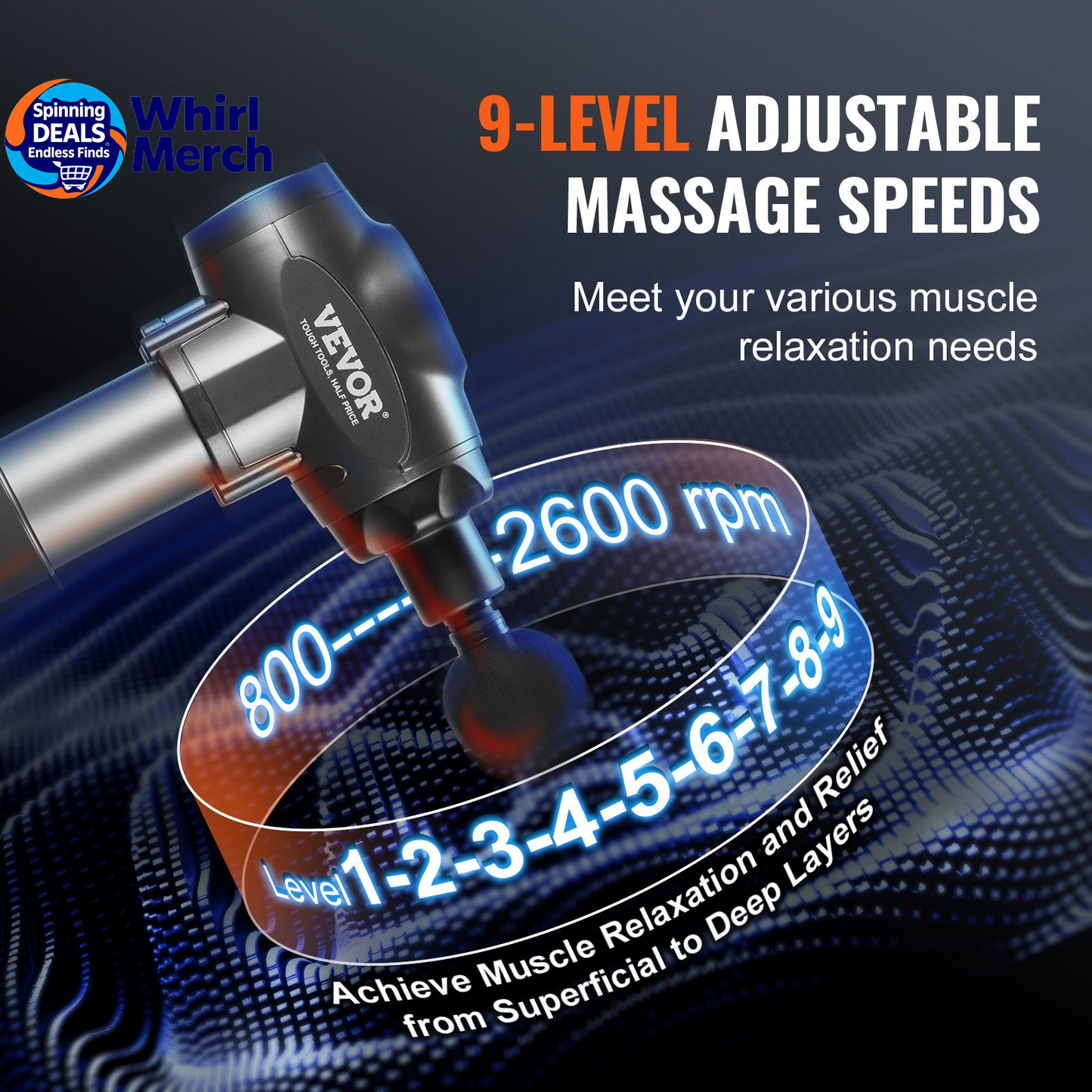 VEVOR Professional Deep Tissue Massage Gun with 9 Speed Settings and 6 Interchangeable Heads, 24V 2500mAh Battery, Percussion Massager for Athletes, Portable Electric Device for Pain Relief and Muscle Relaxation