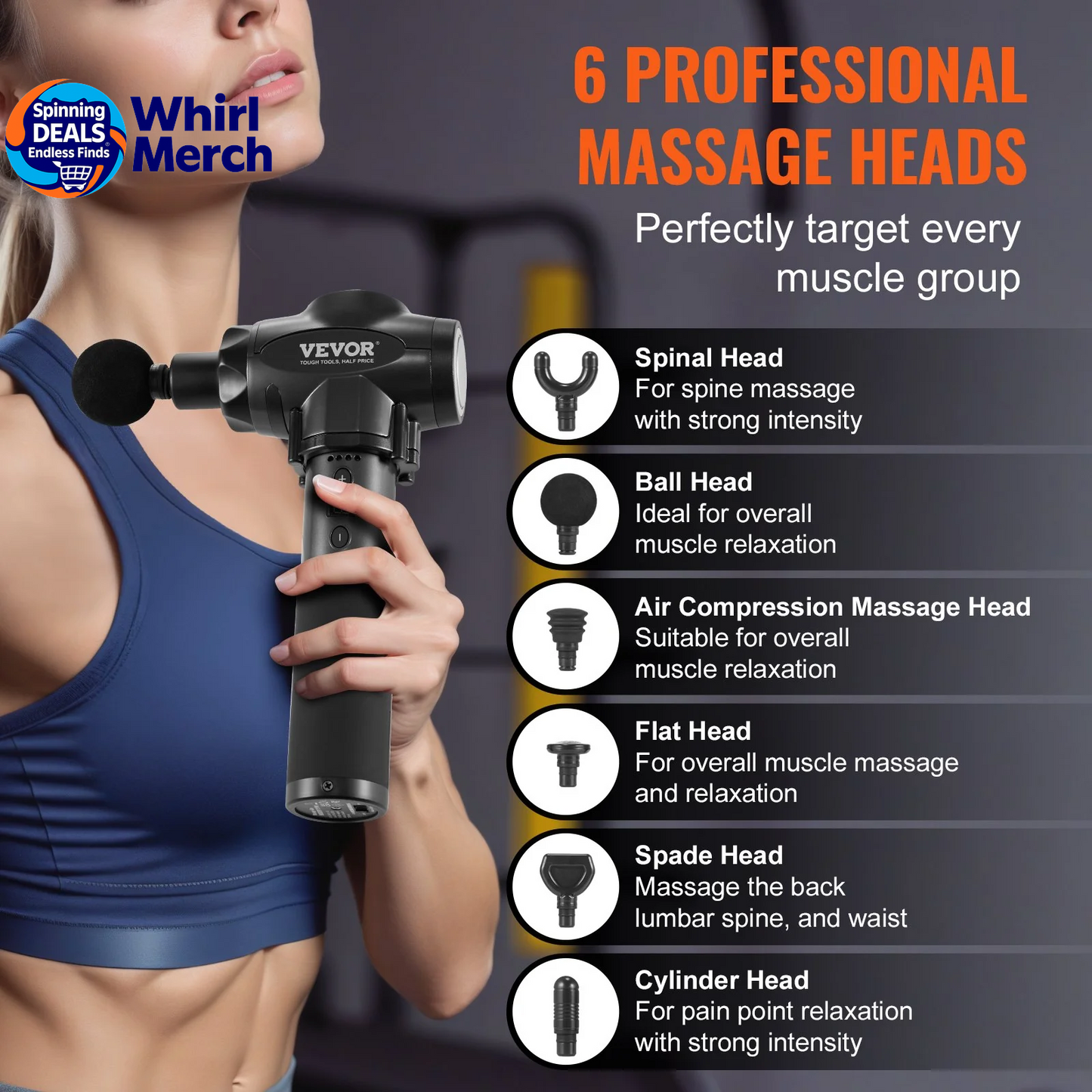 VEVOR Professional Deep Tissue Massage Gun with 9 Speed Settings and 6 Interchangeable Heads, 24V 2500mAh Battery, Percussion Massager for Athletes, Portable Electric Device for Pain Relief and Muscle Relaxation