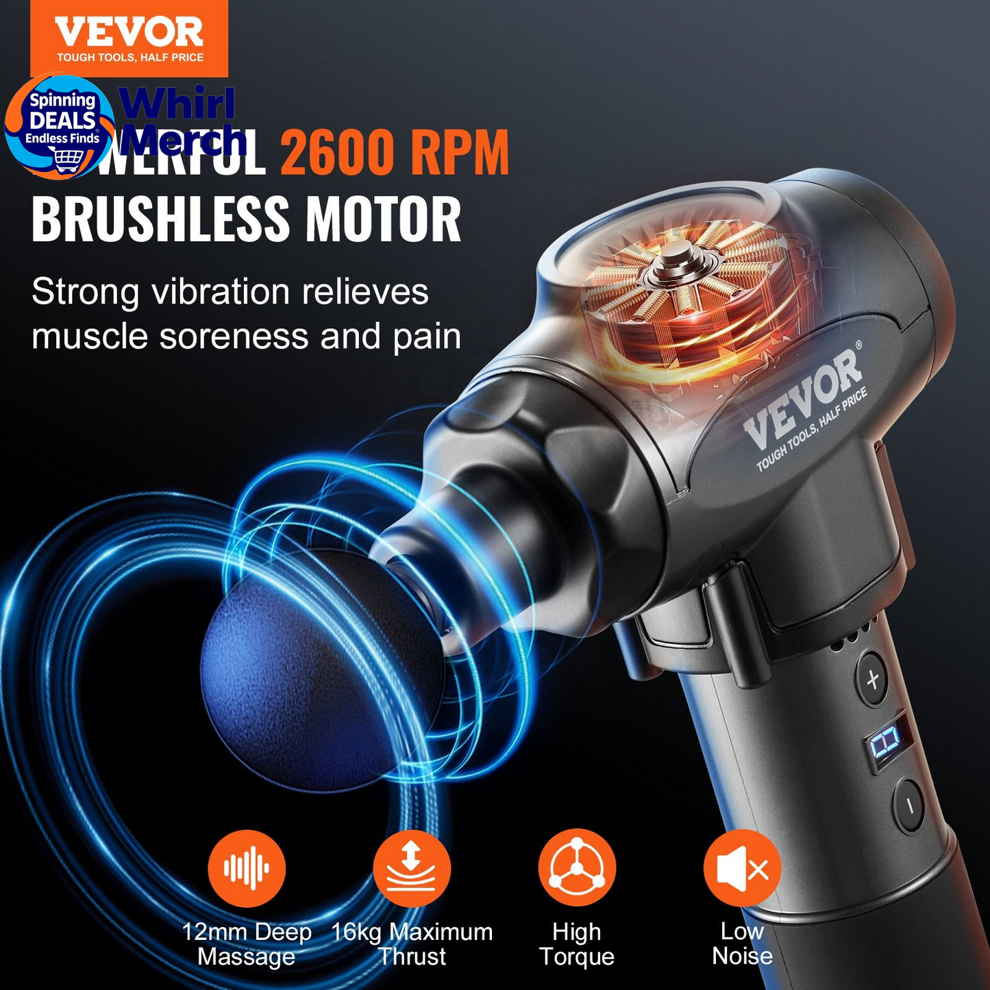 VEVOR Professional Deep Tissue Massage Gun with 9 Speed Settings and 6 Interchangeable Heads, 24V 2500mAh Battery, Percussion Massager for Athletes, Portable Electric Device for Pain Relief and Muscle Relaxation