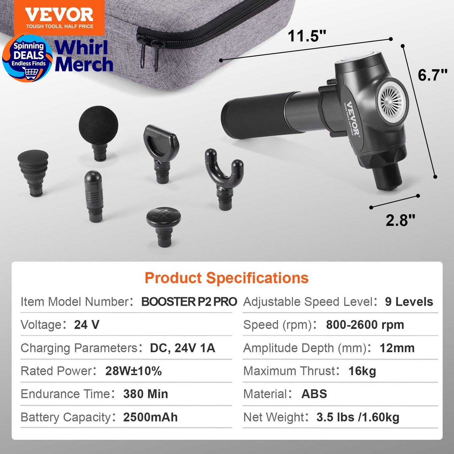 VEVOR Professional Deep Tissue Massage Gun with 9 Speed Settings and 6 Interchangeable Heads, 24V 2500mAh Battery, Percussion Massager for Athletes, Portable Electric Device for Pain Relief and Muscle Relaxation
