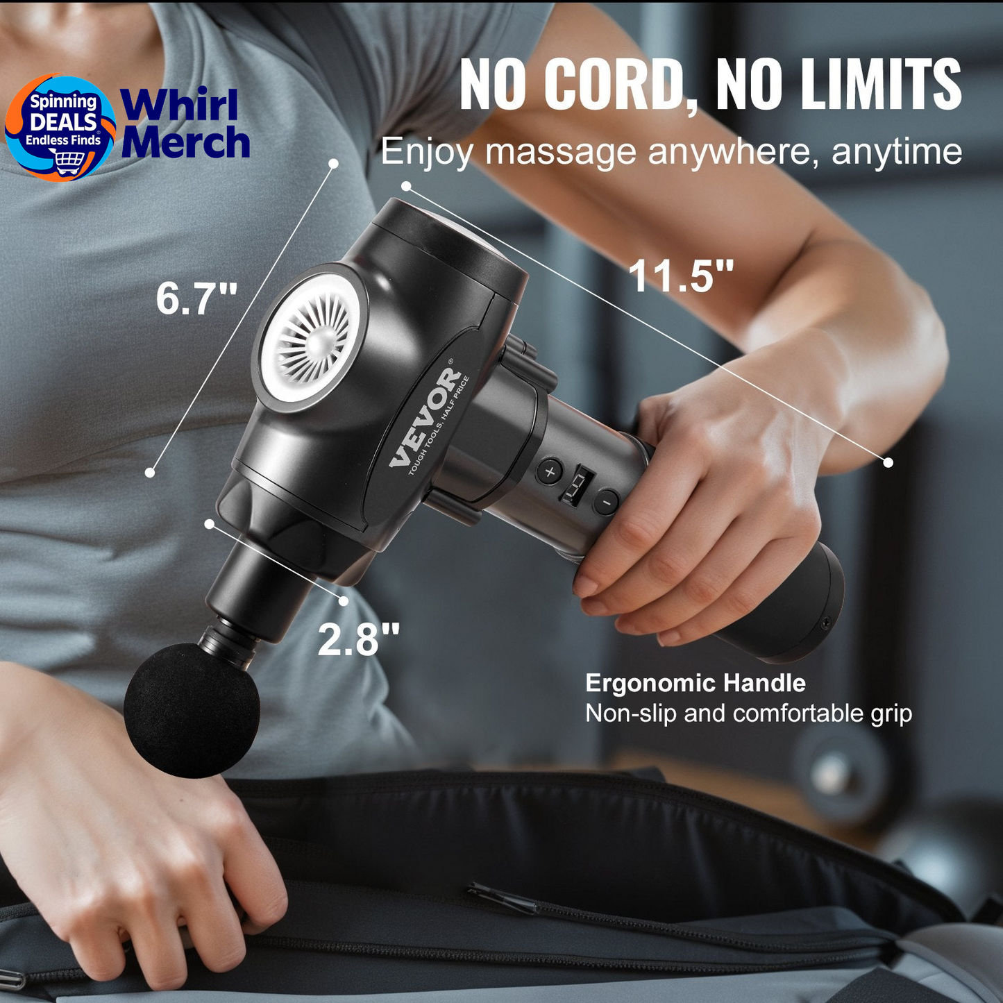 VEVOR Professional Deep Tissue Massage Gun with 9 Speed Settings and 6 Interchangeable Heads, 24V 2500mAh Battery, Percussion Massager for Athletes, Portable Electric Device for Pain Relief and Muscle Relaxation