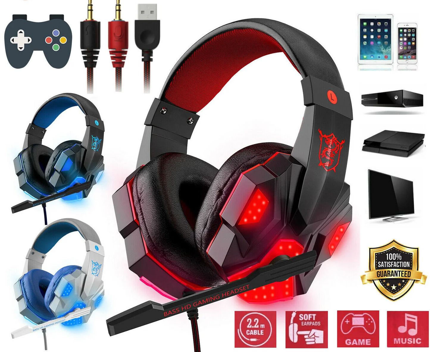 3.5mm Gaming Headset with Microphone and LED - Stereo Bass Surround Sound for PC, PS4, and Xbox One