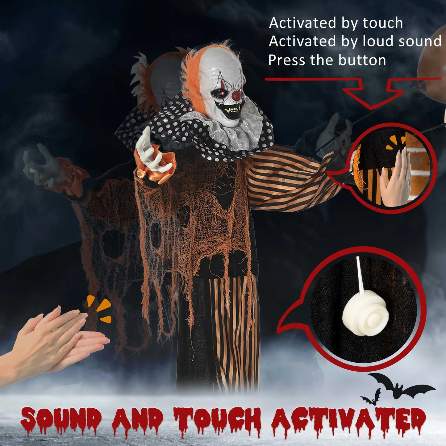 65" Life Size Outdoor Halloween Decorations Talking Circus Clown with a Balloon, Animated Prop with Sound and Motion Activated, Light up Eyes, Laughter