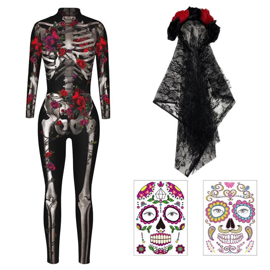 Halloween Costumes for Women 3D Print Skeleton Jumpsuit Skeleton Costume Sexy Bodycon Bodysuit Vampire Costume Adult Spooky Costume Design'S for Parties