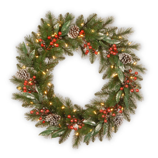 Pre-Lit Artificial Christmas Wreath, Green, Frosted Pine Berry, Warm White Lights, Led,Battery Operated, Timer, Decorated with Frosted Branches, Pine Cones, 24 Inches