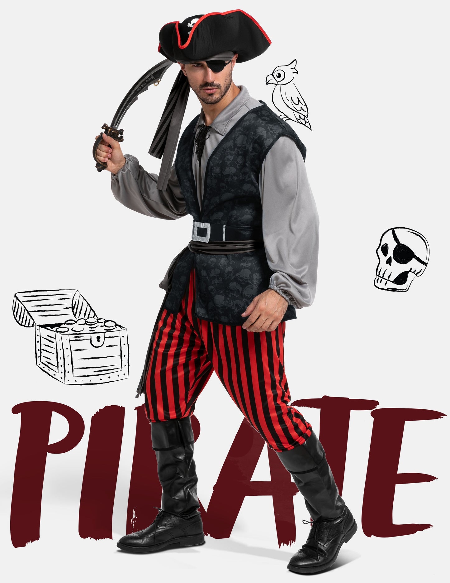 Men Pirate Costume Plundering Sea Captain Set for Adults Halloween Themed Parties