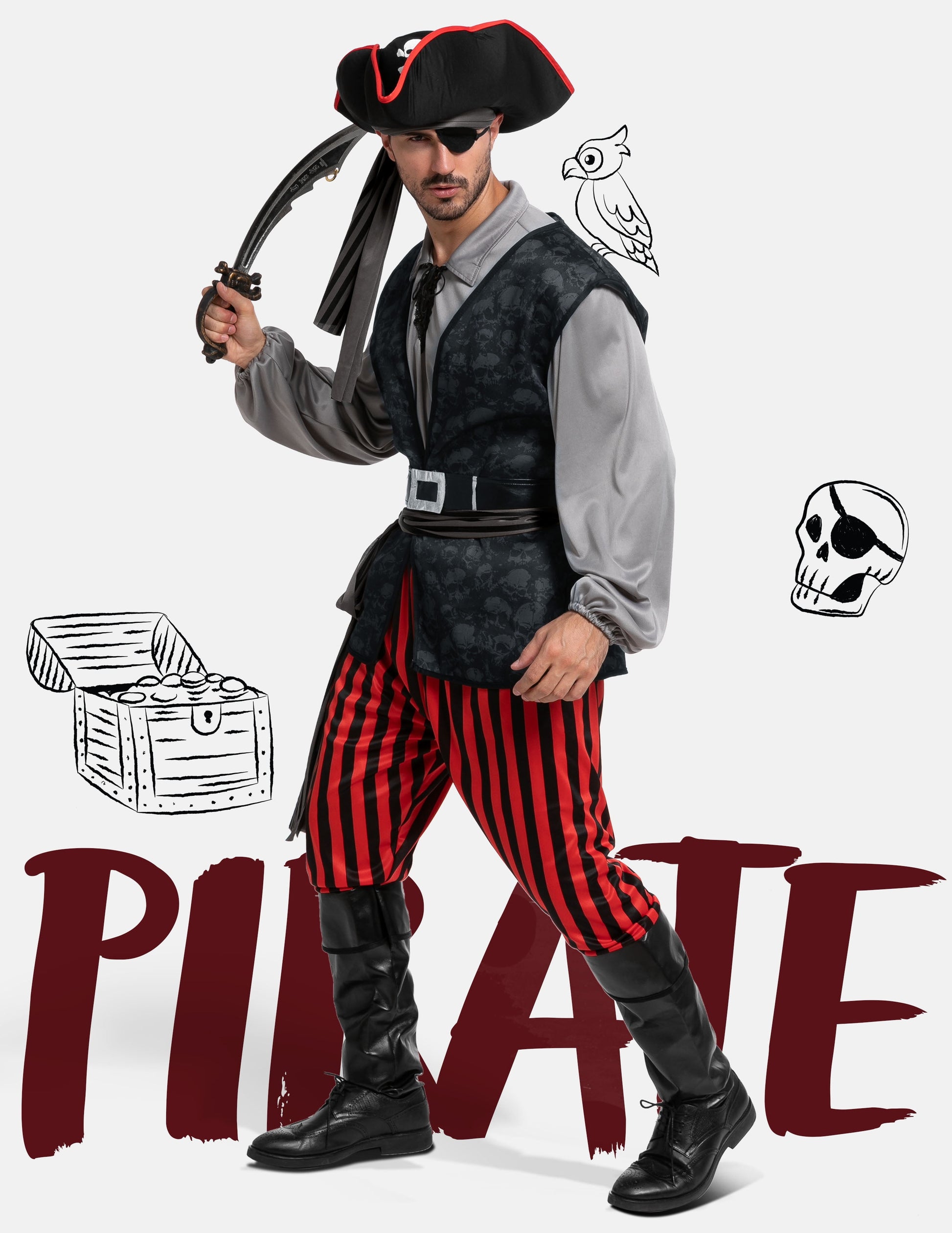 Men Pirate Costume Plundering Sea Captain Set for Adults Halloween Themed Parties