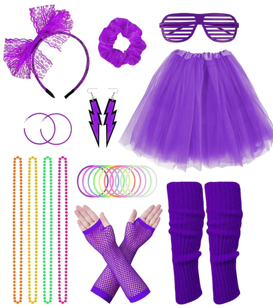 80S Costumes for Women Fancy Outfit Accessories Set with Fishnet Gloves Leg Warmers Tutu Skirts for Theme Party