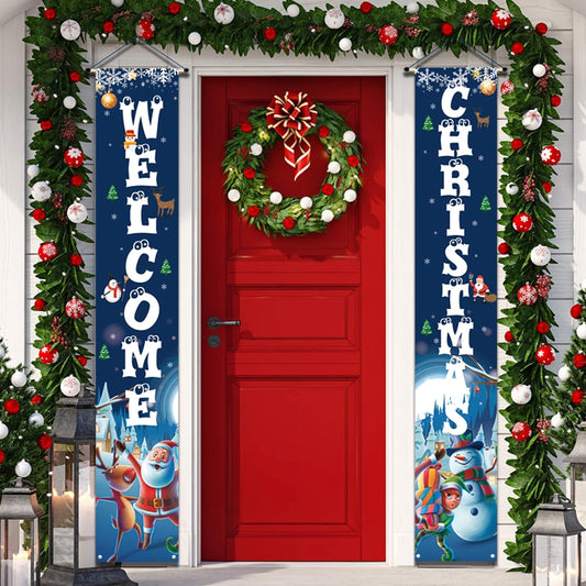 Blue Christmas Door Decorations for Outdoor Merry Christmas Banner,Hanging Christmas Decorations Porch Sign for Front Door Welcome Christmas Banners Xmas Decor Flags-Large Size
