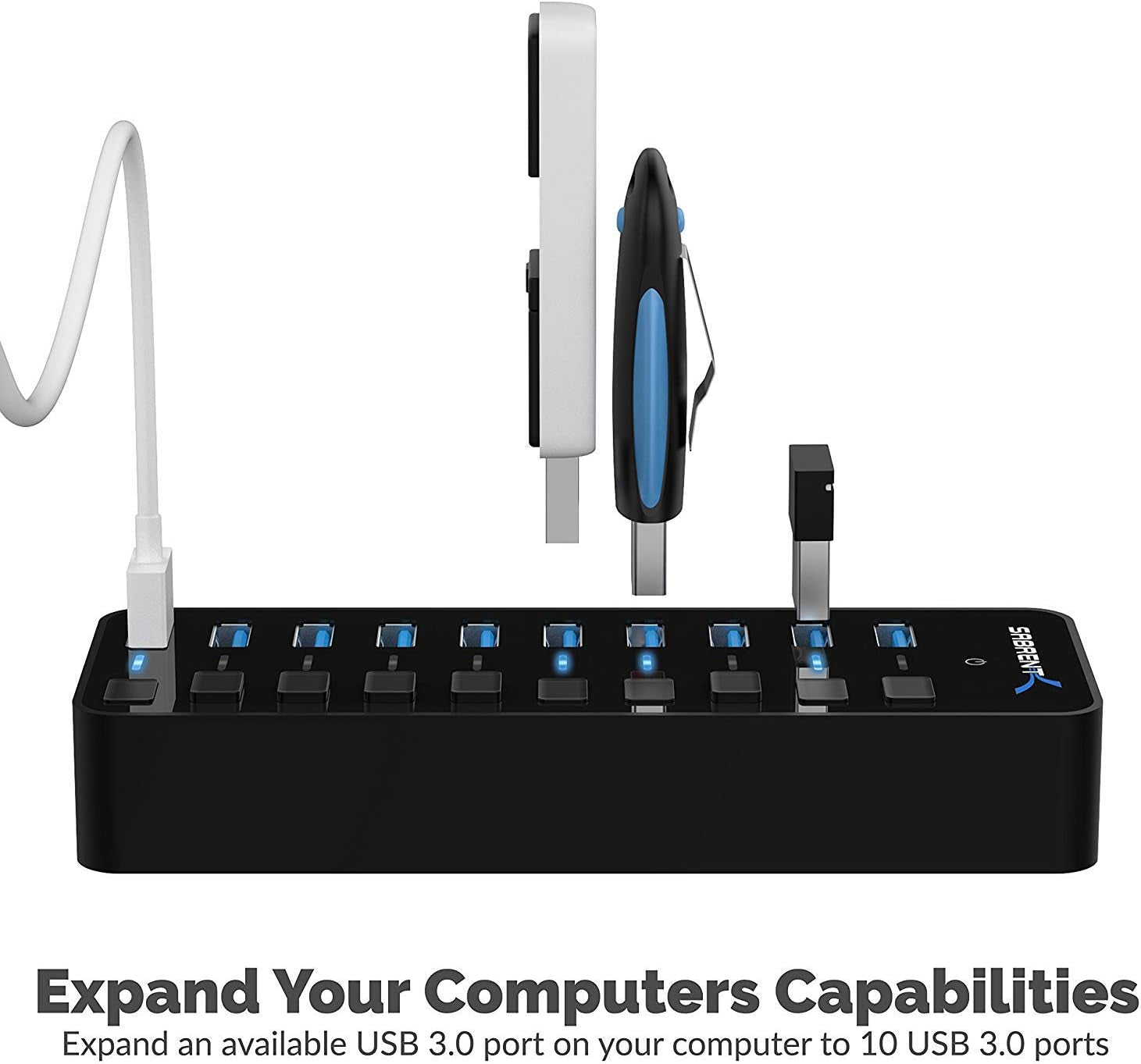 10-Port USB 3.0 Hub with Individual Power Switches and LED Indicators, 60W 12V/5A Power Adapter Included (Model HB-BU10)