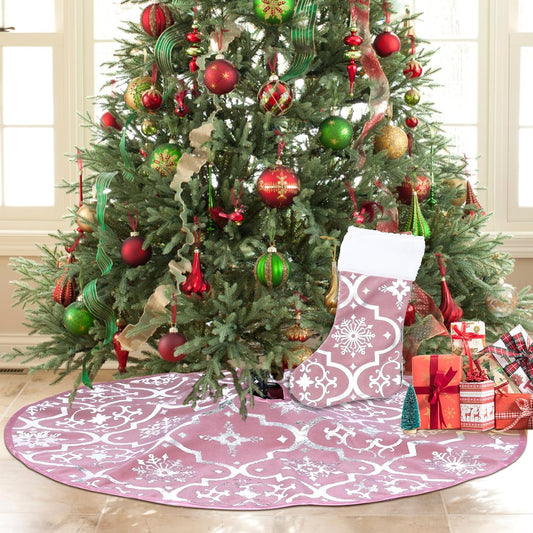 48In Rose Pink Christmas Tree Skirt with Christmas Stocking, Tree Skirt for Xmas Slim Trees Decorations
