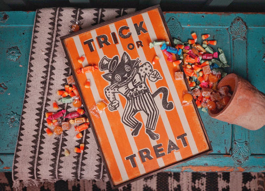 Hand-Painted Retro Cat Halloween Sign: Rustic Trick or Treat Decor