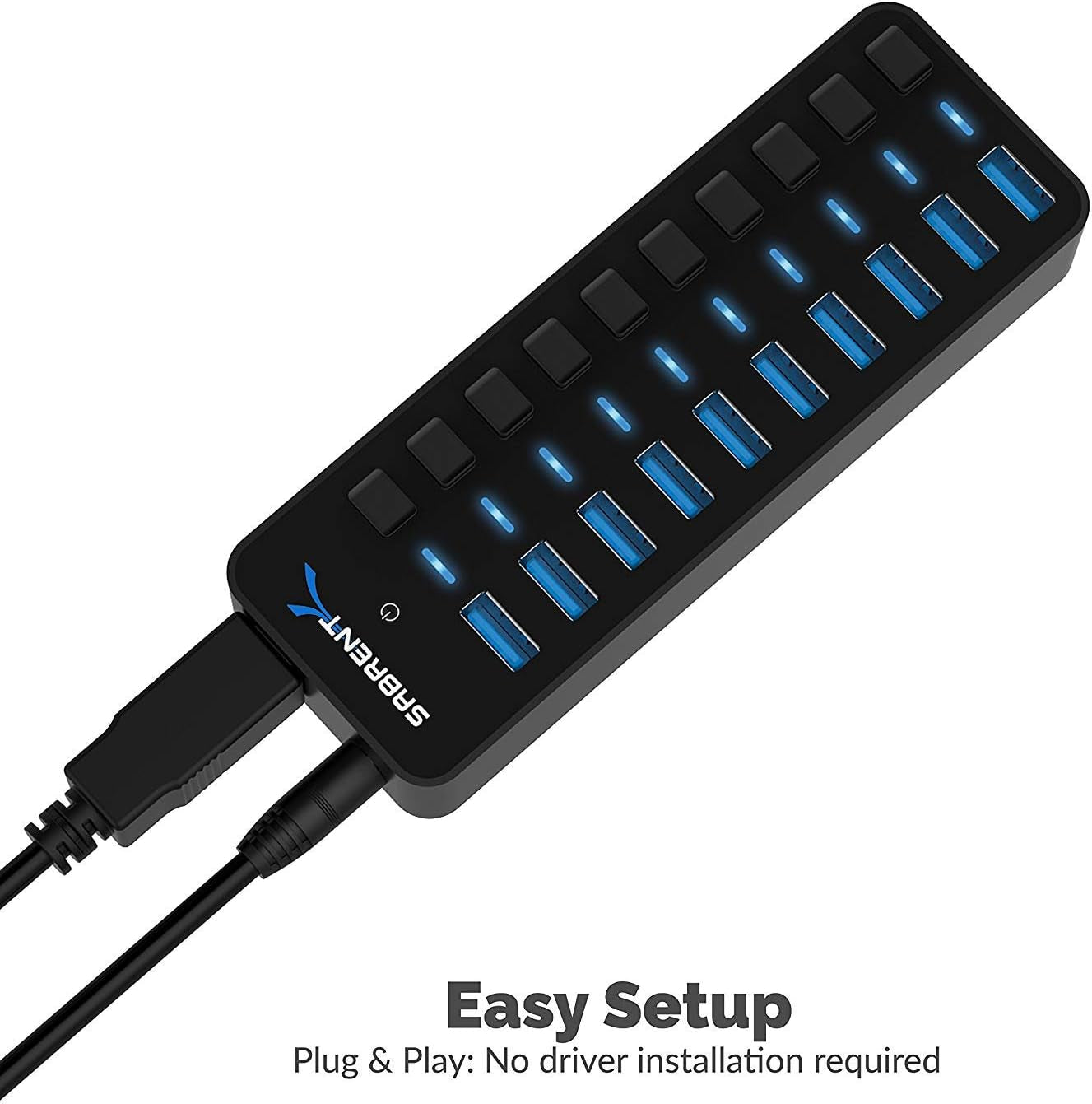 10-Port USB 3.0 Hub with Individual Power Switches and LED Indicators, 60W 12V/5A Power Adapter Included (Model HB-BU10)