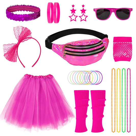 80S Costumes for Women Outfit Accessories Set with Fishnet Gloves Leg Warmers Bags Tutu Skirts for Theme Party