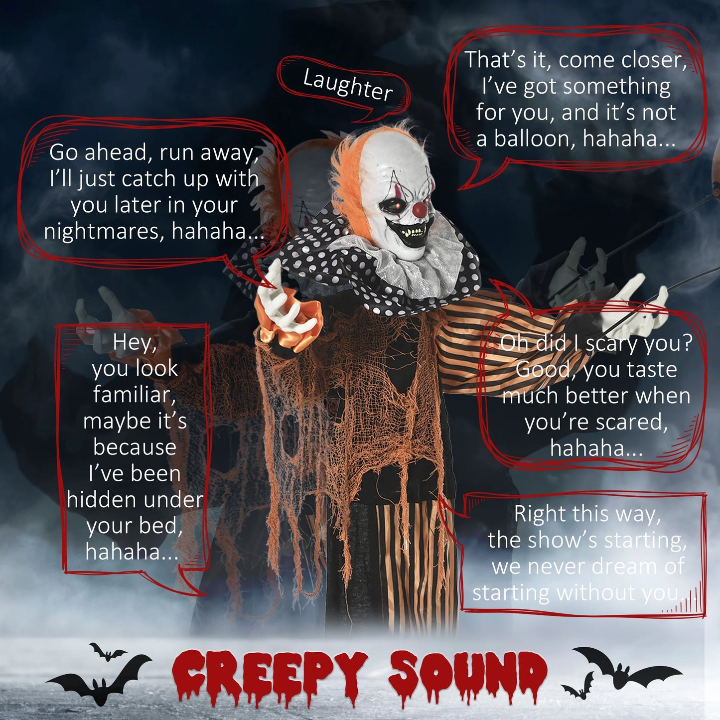 65" Life Size Outdoor Halloween Decorations Talking Circus Clown with a Balloon, Animated Prop with Sound and Motion Activated, Light up Eyes, Laughter