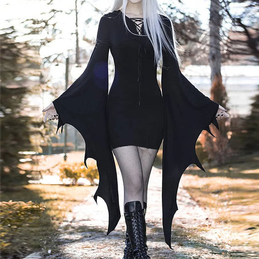 Up to 65 Off! Black Dresses for Women Halloween Goth Dress Halloween Costumes Cosplay Gothic Punk Bodycon Dress Sexy V-Neck Bat Wings Sleeves Mini Dress