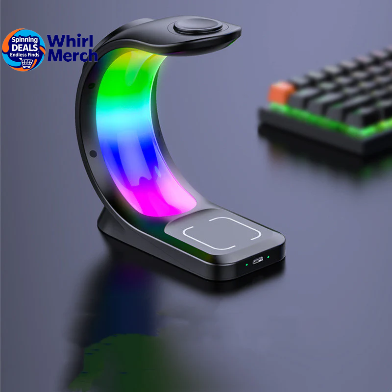 4-in-1 Magnetic Wireless Charger with Fast Charging for Smartphones, AirPods Pro, and Apple Watch with Ambient Lighting Charging Station
