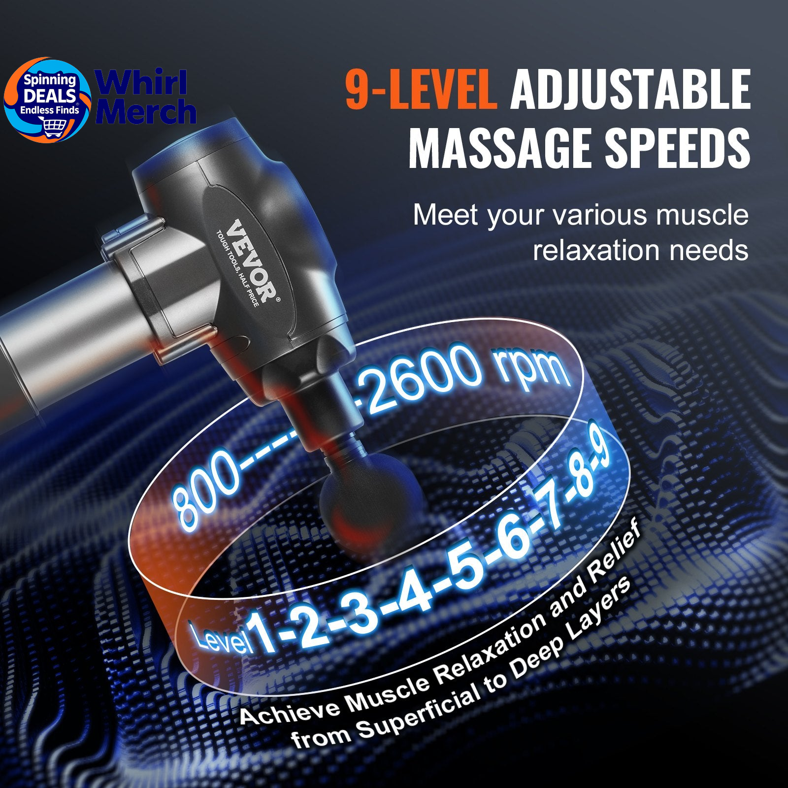 VEVOR Professional Deep Tissue Massage Gun with 9 Speed Settings and 6 Interchangeable Heads, 24V 2500mAh Battery, Percussion Massager for Athletes, Portable Electric Device for Pain Relief and Muscle Relaxation