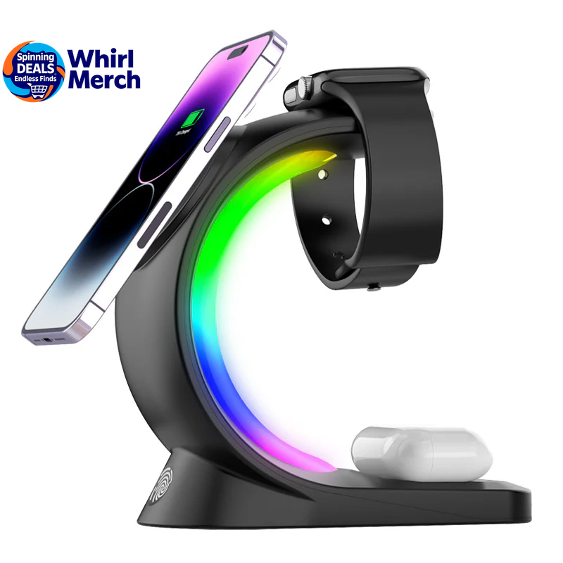 4-in-1 Magnetic Wireless Charger with Fast Charging for Smartphones, AirPods Pro, and Apple Watch with Ambient Lighting Charging Station