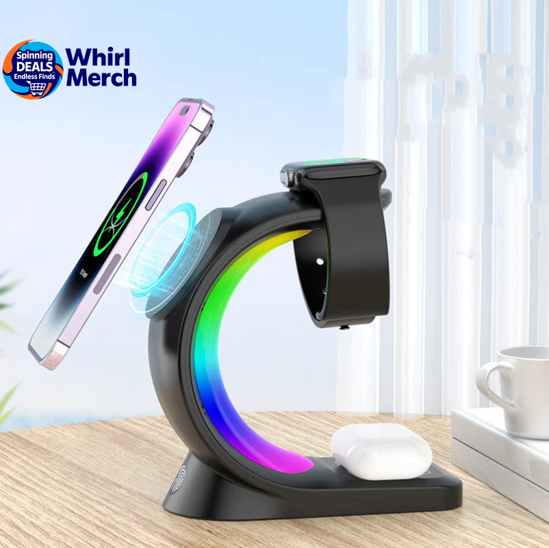 4-in-1 Magnetic Wireless Charger with Fast Charging for Smartphones, AirPods Pro, and Apple Watch with Ambient Lighting Charging Station