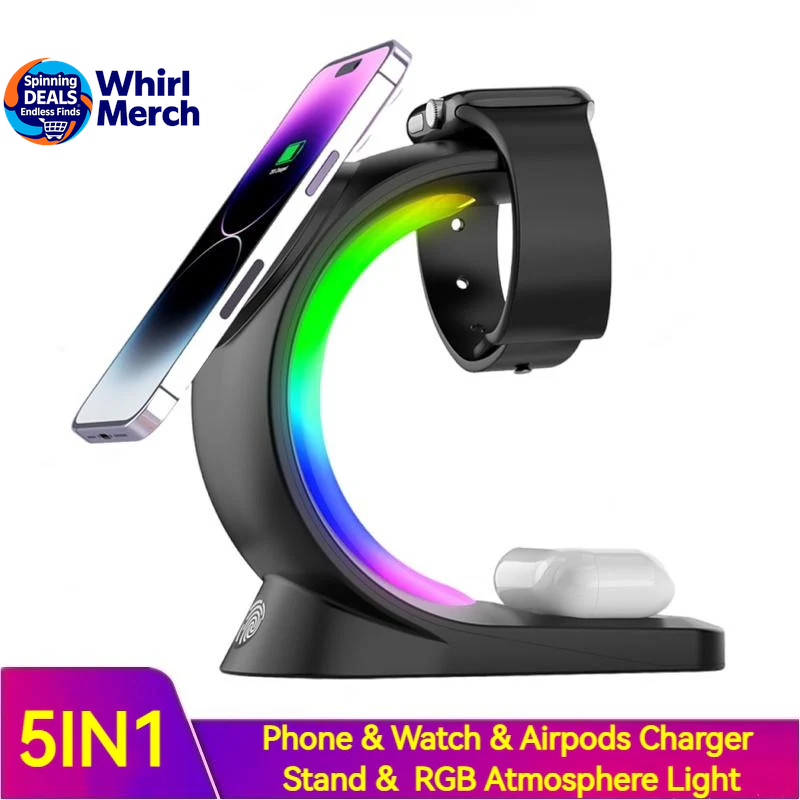 4-in-1 Magnetic Wireless Charger with Fast Charging for Smartphones, AirPods Pro, and Apple Watch with Ambient Lighting Charging Station