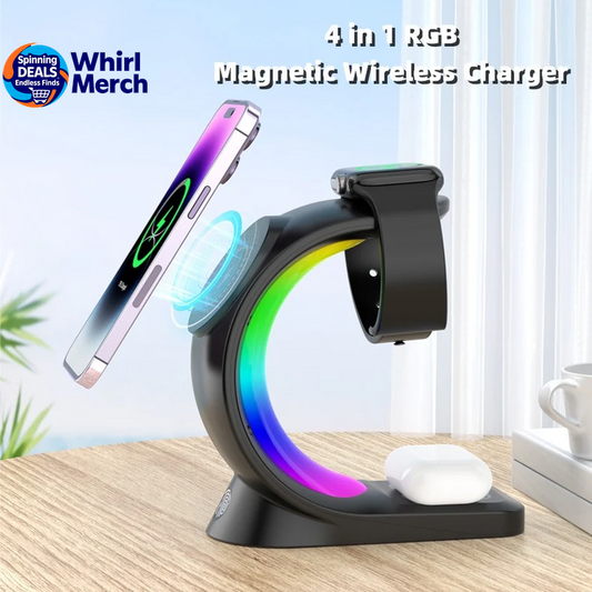 4-in-1 Magnetic Wireless Charger with Fast Charging for Smartphones, AirPods Pro, and Apple Watch with Ambient Lighting Charging Station