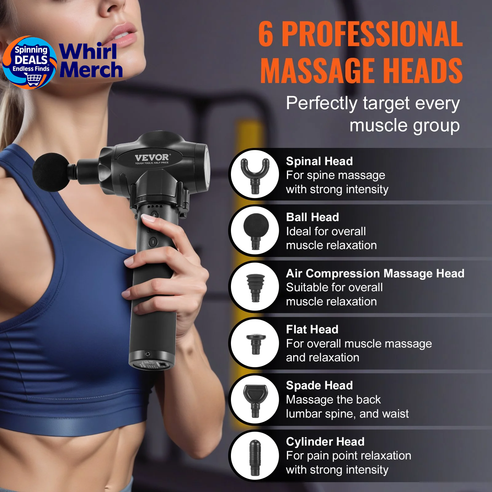 VEVOR Professional Deep Tissue Massage Gun with 9 Speed Settings and 6 Interchangeable Heads, 24V 2500mAh Battery, Percussion Massager for Athletes, Portable Electric Device for Pain Relief and Muscle Relaxation
