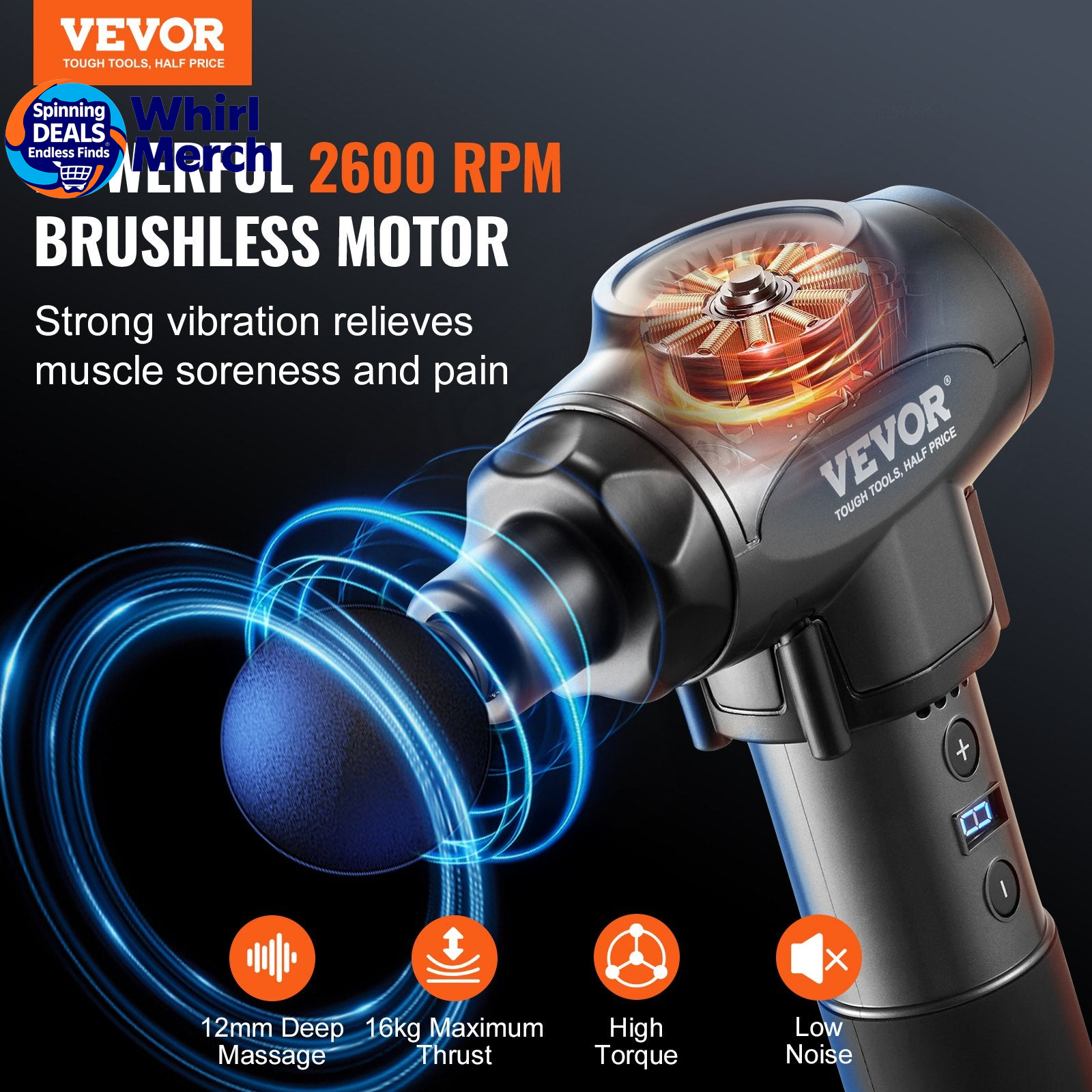 VEVOR Professional Deep Tissue Massage Gun with 9 Speed Settings and 6 Interchangeable Heads, 24V 2500mAh Battery, Percussion Massager for Athletes, Portable Electric Device for Pain Relief and Muscle Relaxation