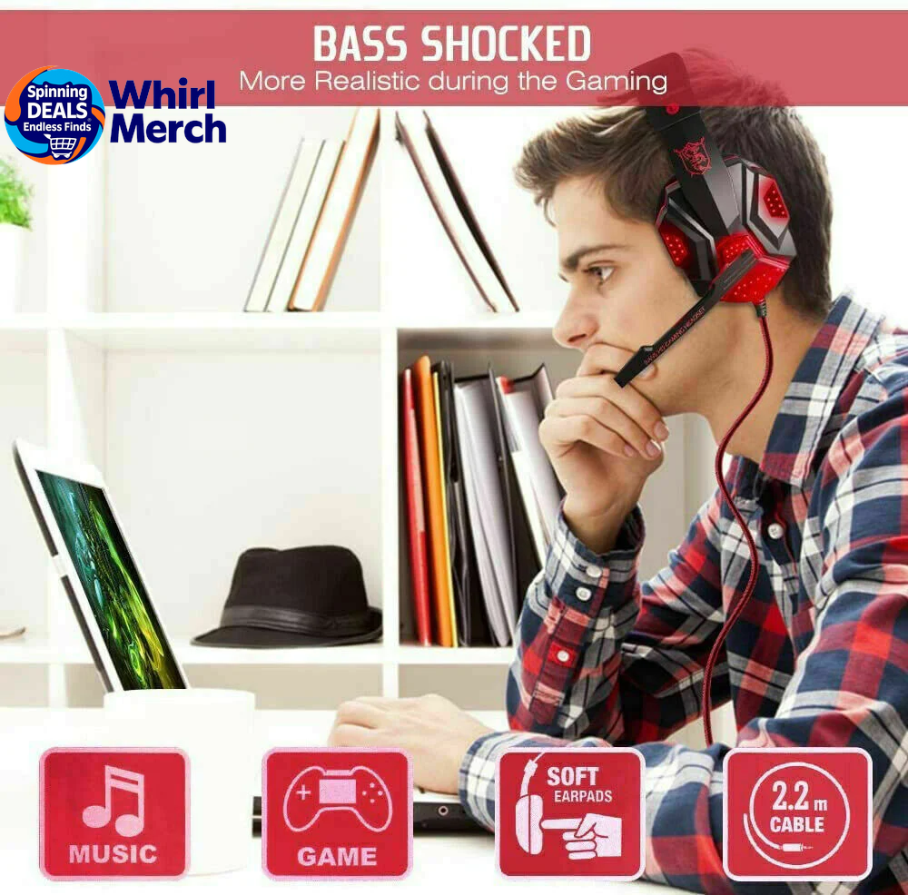 3.5mm Gaming Headset with Microphone and LED - Stereo Bass Surround Sound for PC, PS4, and Xbox One