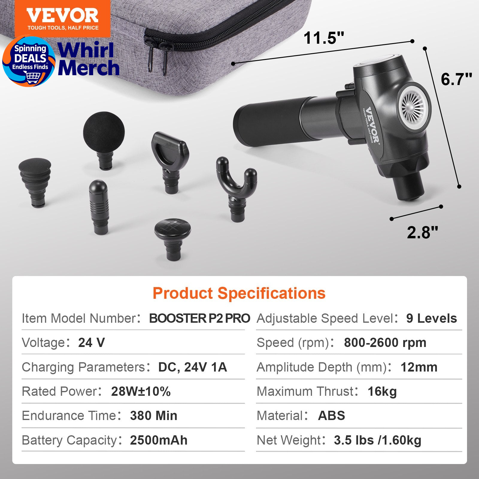 VEVOR Professional Deep Tissue Massage Gun with 9 Speed Settings and 6 Interchangeable Heads, 24V 2500mAh Battery, Percussion Massager for Athletes, Portable Electric Device for Pain Relief and Muscle Relaxation