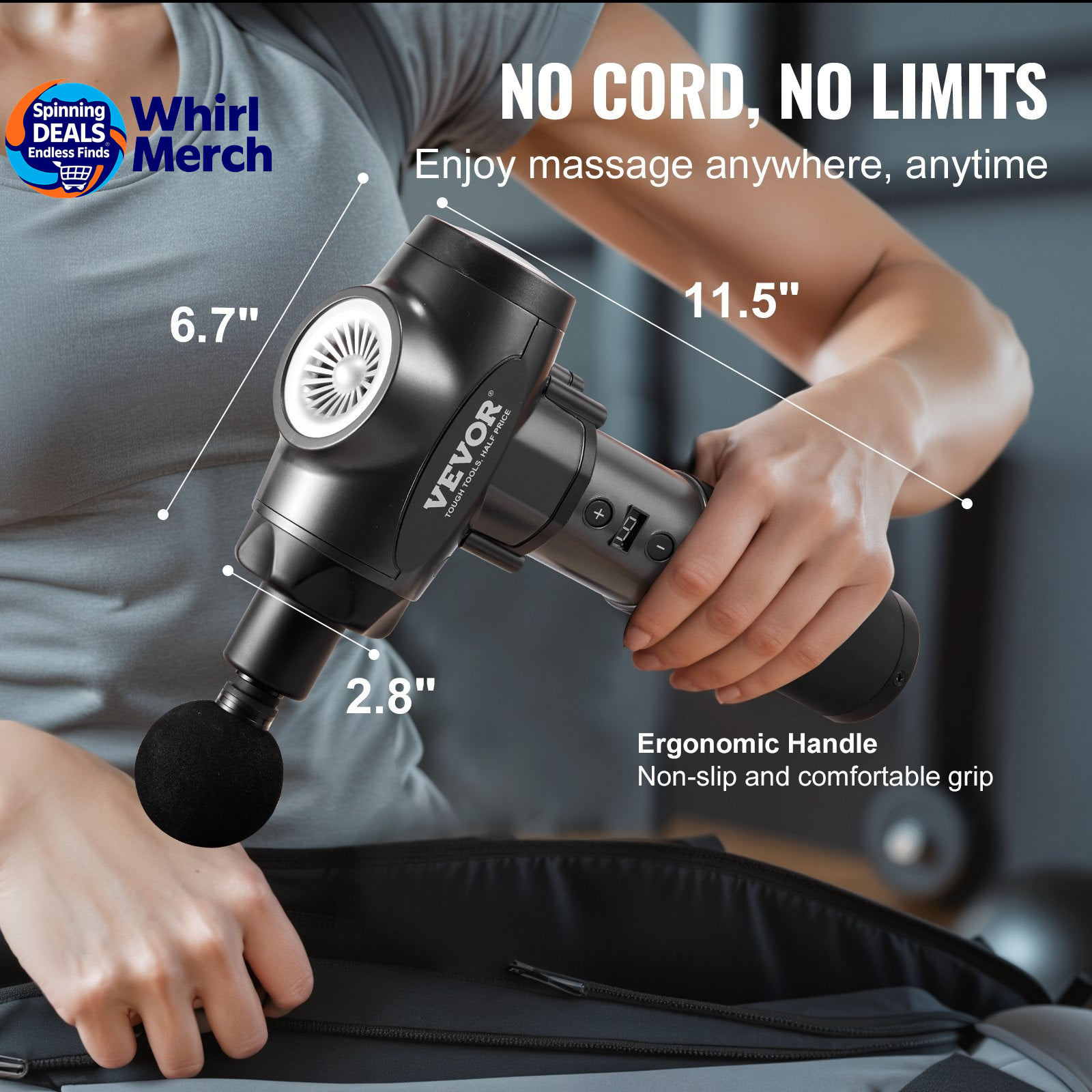 VEVOR Professional Deep Tissue Massage Gun with 9 Speed Settings and 6 Interchangeable Heads, 24V 2500mAh Battery, Percussion Massager for Athletes, Portable Electric Device for Pain Relief and Muscle Relaxation