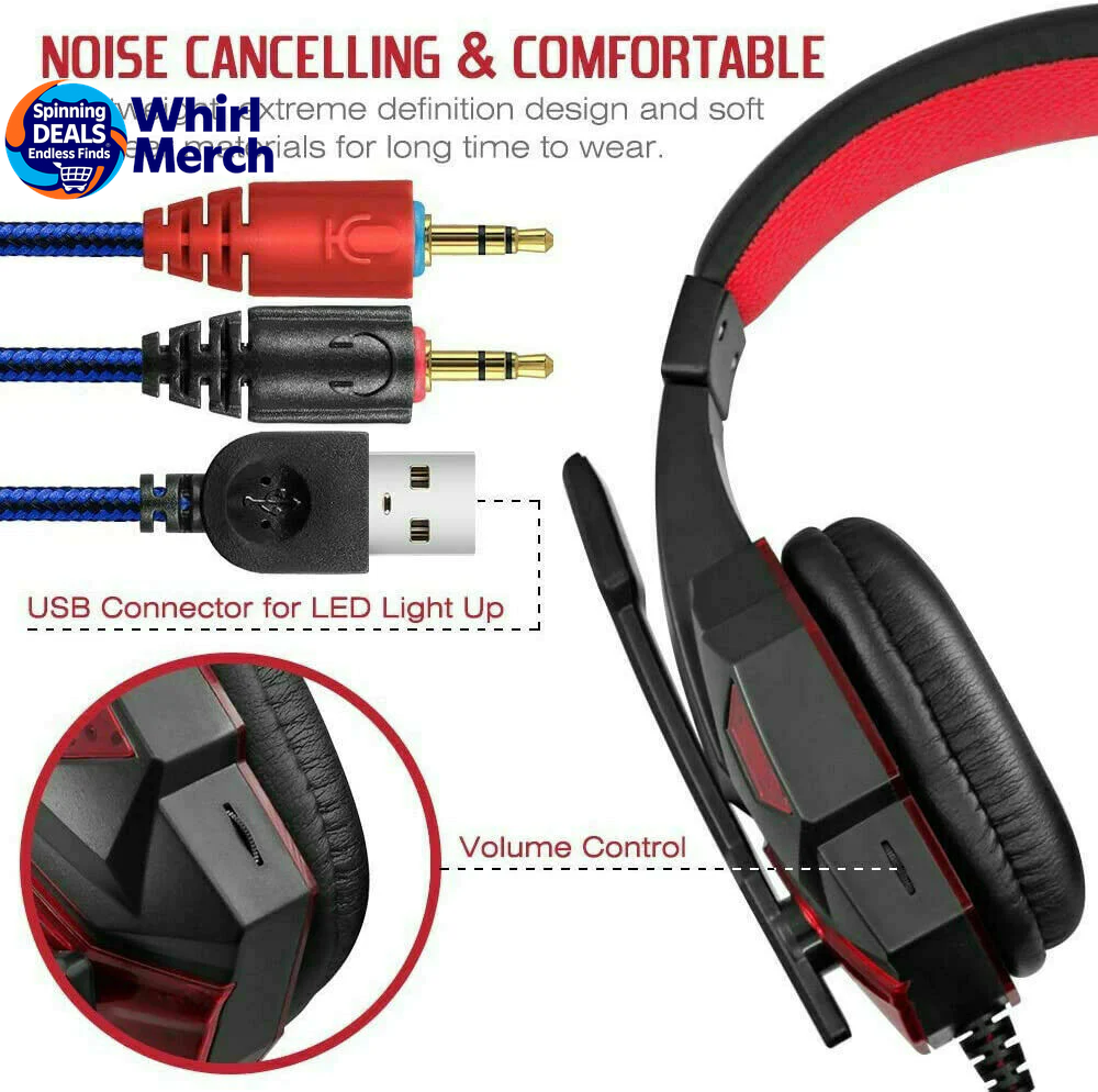 3.5mm Gaming Headset with Microphone and LED - Stereo Bass Surround Sound for PC, PS4, and Xbox One